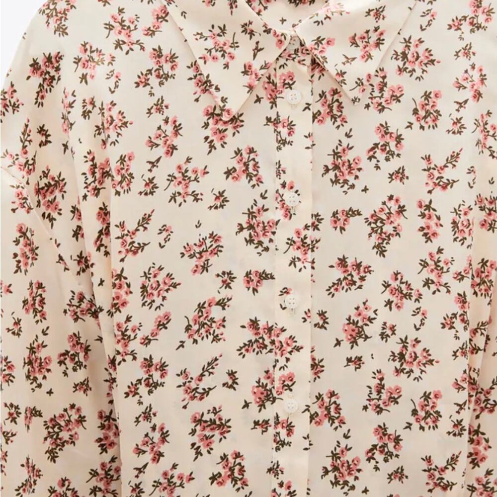 Zara Beige Cream Floral Satin Long Sleeve Button Down Shirt Blouse Size XS - Picture 15 of 16